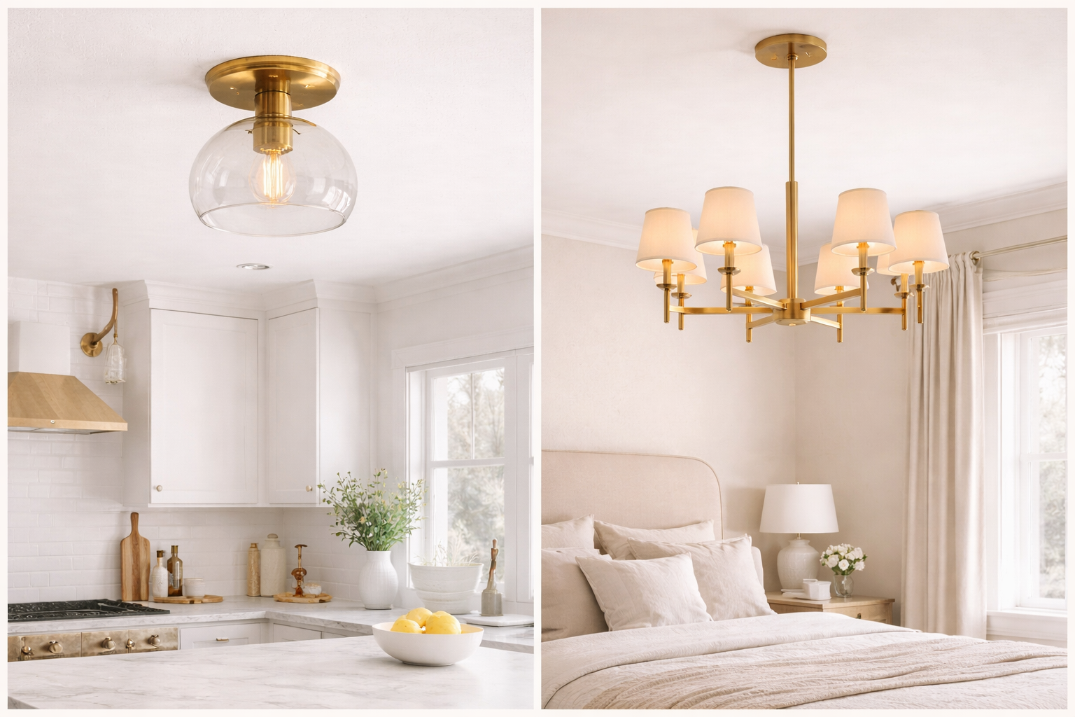 Designer ceiling lights in a bright kitchen and cozy bedroom with brass fixtures and soft neutral decor