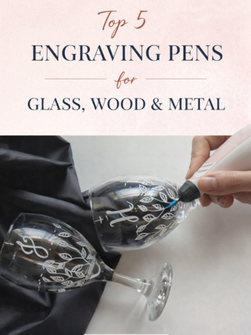 engraving pen personalizing wine glasses with floral design for DIY project