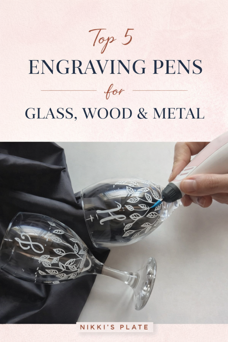 engraving pen personalizing wine glasses with floral design for DIY project