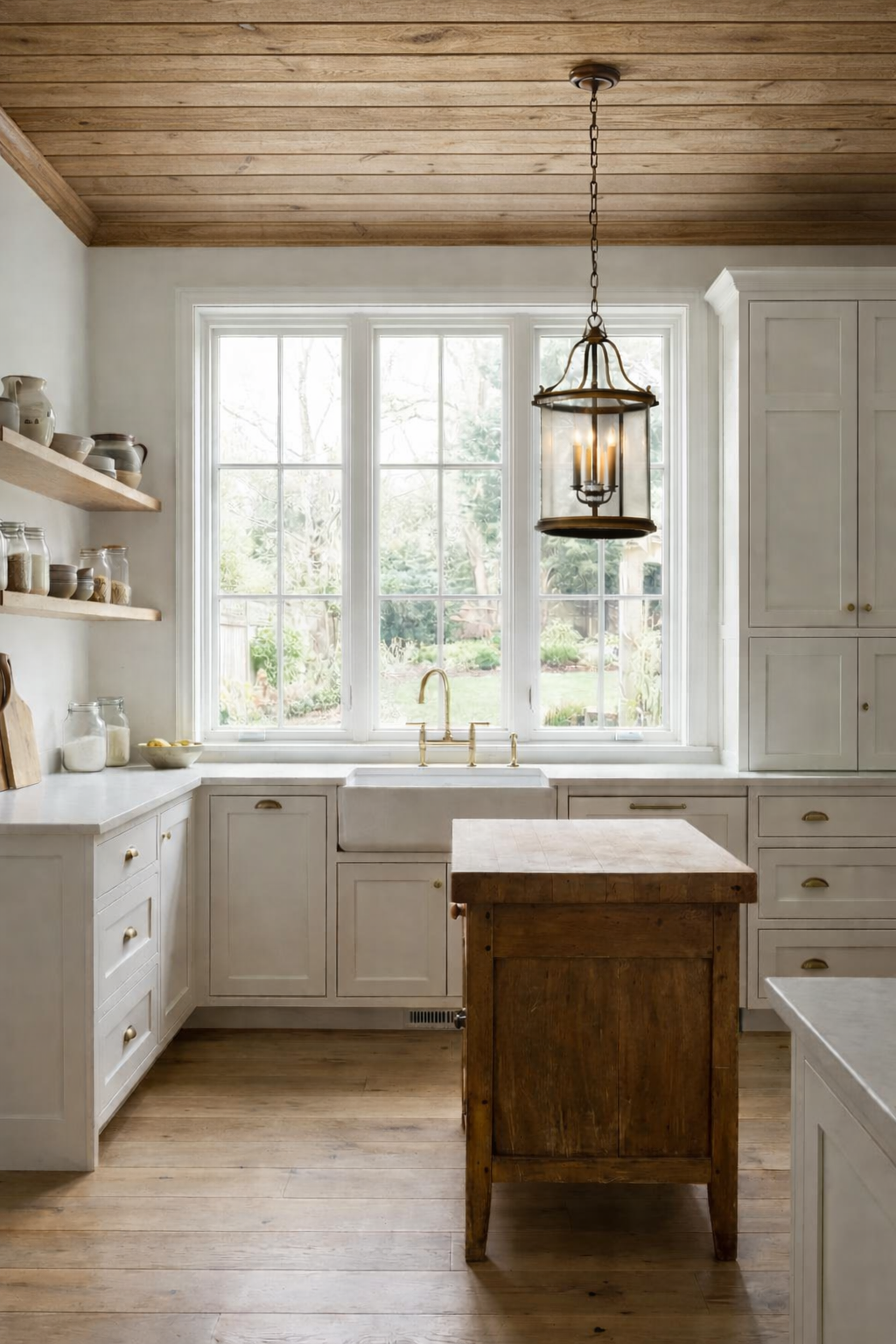 European farmhouse kitchen with vintage aged bronze pendant light hanging over a rustic wood kitchen island.