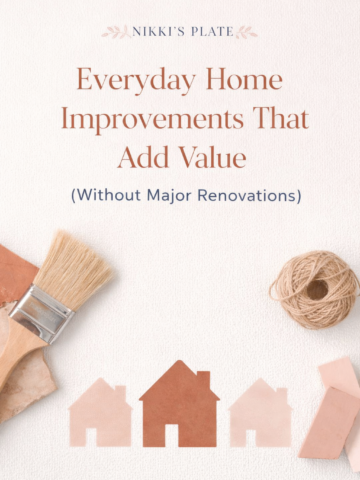 Simple everyday home improvement tools and decor elements styled on a neutral background representing practical upgrades that add value without major renovations.