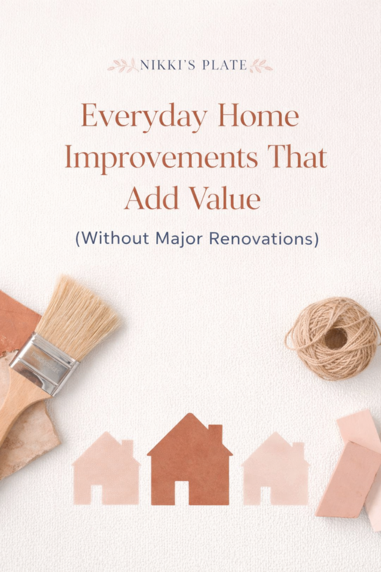 Simple everyday home improvement tools and decor elements styled on a neutral background representing practical upgrades that add value without major renovations.