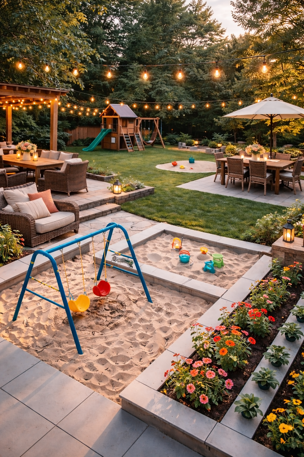 Family-friendly backyard entertainment zone with outdoor seating, dining area, sandbox play space, and string lights.