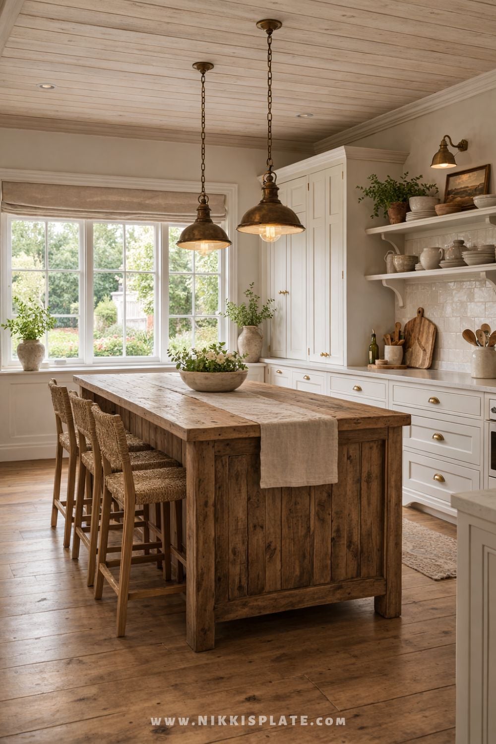Vintage French bistro pendant lights hanging above a rustic wood kitchen island in a European farmhouse kitchen.