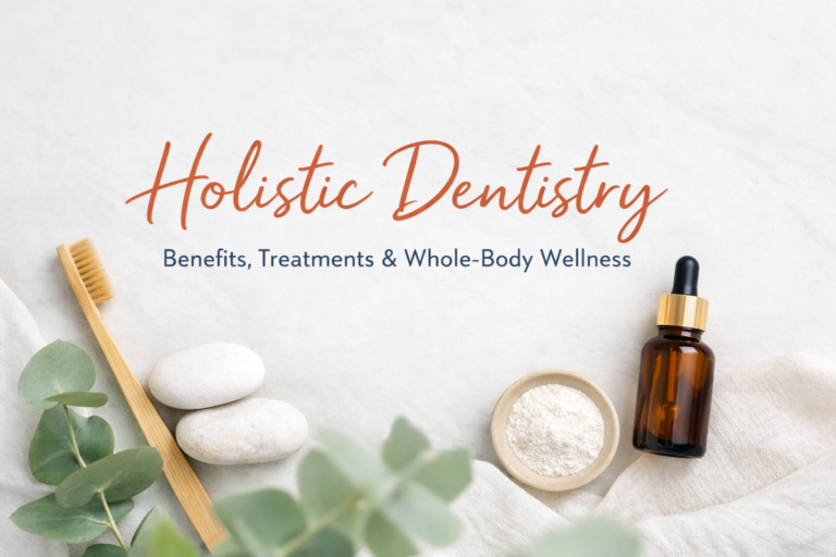 Natural holistic dentistry tools with bamboo toothbrush and wellness products representing non-toxic dental care