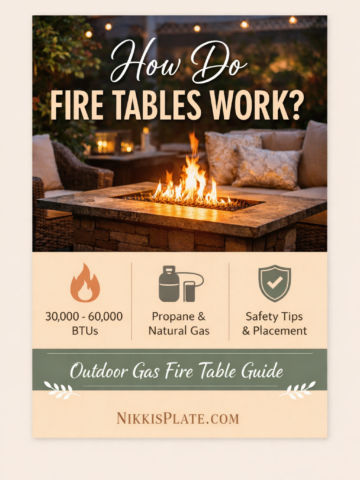 Pinterest pin titled “How Do Fire Tables Work?” featuring a cozy outdoor gas fire table with flames, highlighting BTU output, propane and natural gas options, and safety tips from NikkisPlate.com.