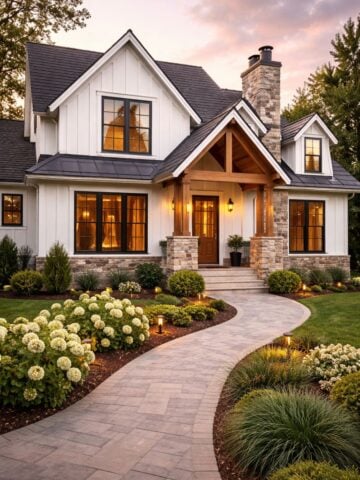 White modern farmhouse exterior with black windows, stone accents, and a welcoming front porch at sunset
