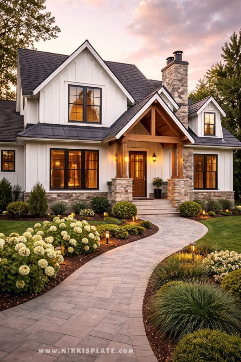White modern farmhouse exterior with black windows, stone accents, and a welcoming front porch at sunset