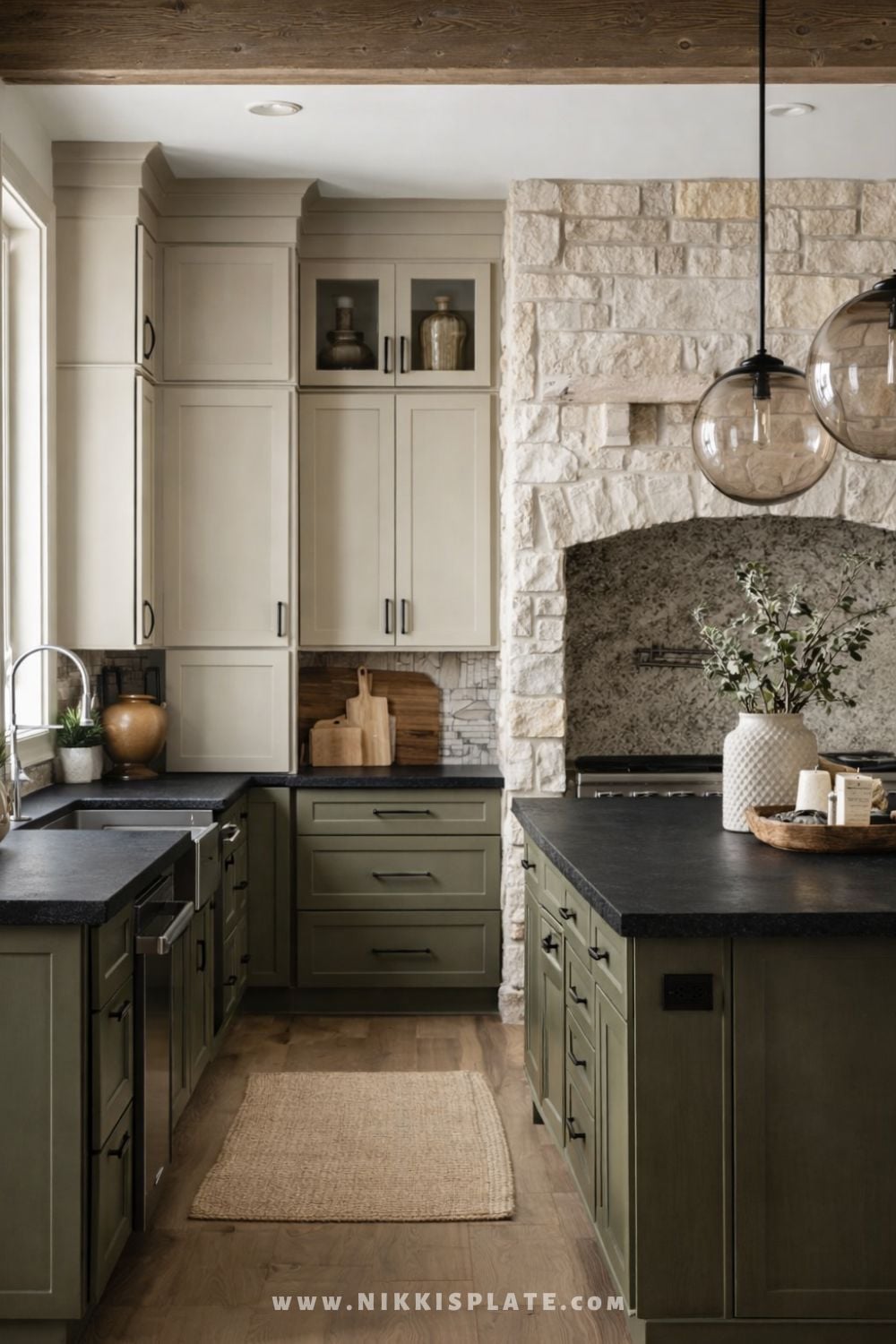 Farmhouse kitchen with dark olive green island cabinets, black soapstone countertops, cream cabinetry, stone range alcove, and glass globe pendant lights.