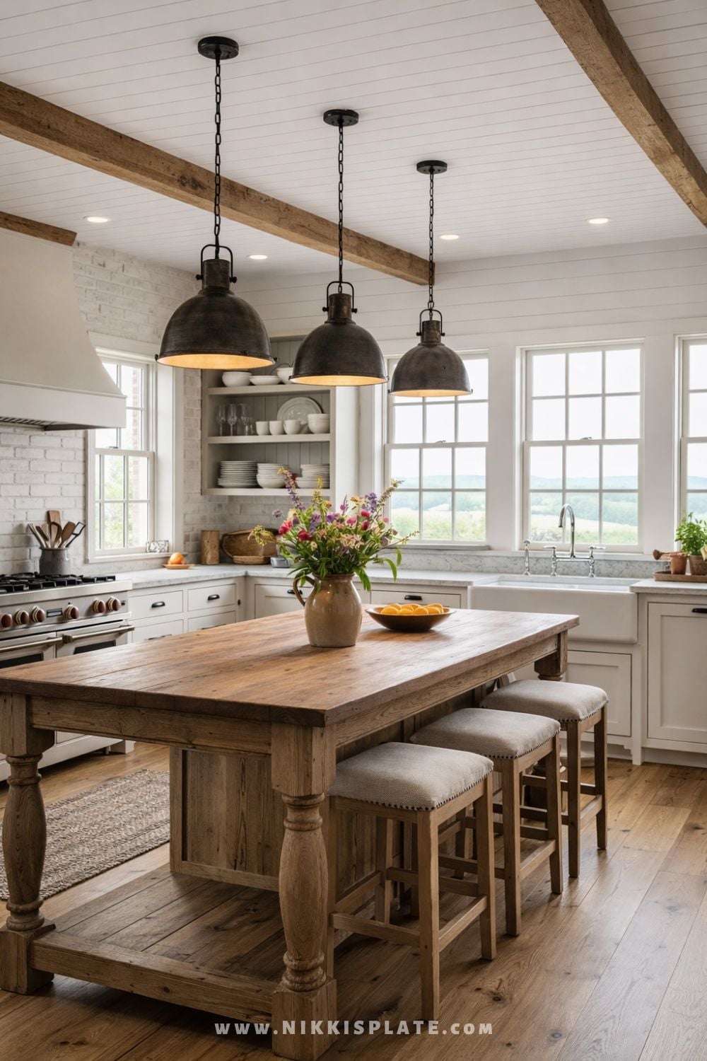 Rustic farmhouse kitchen with large industrial black pendant lights over a wooden island, shiplap ceiling, and exposed wood beam.