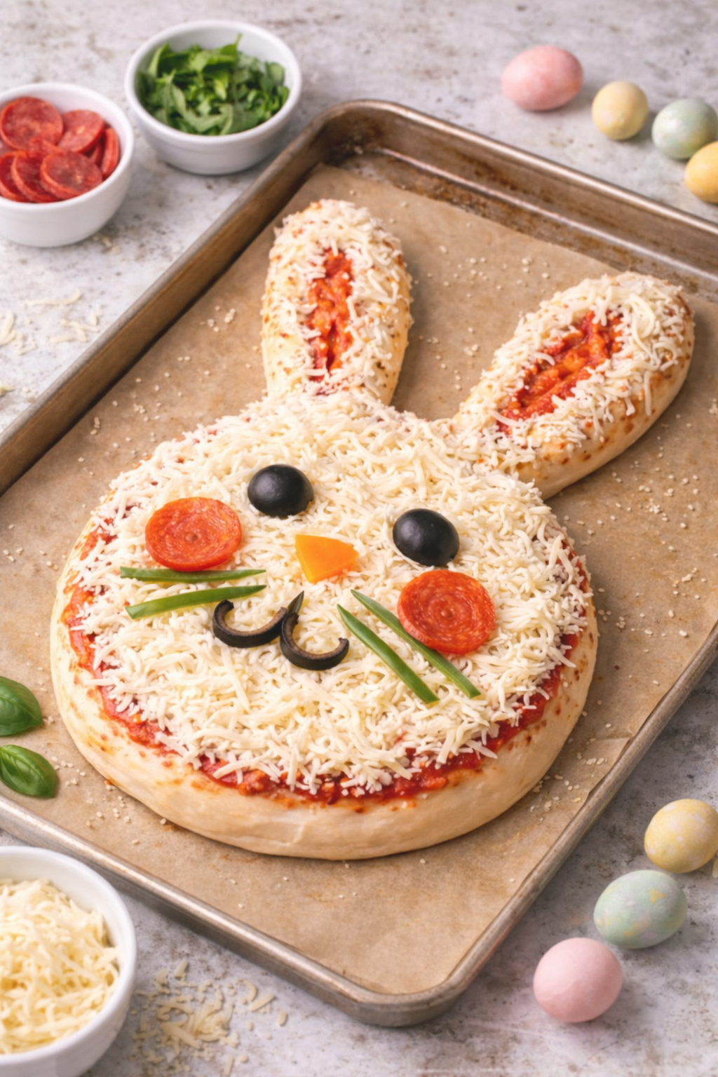 Healthy Sourdough Easter Bunny Pizza on a baking sheet at an angle, topped with mozzarella, olives, pepperoni, and bell peppers for a festive Easter dinner idea.