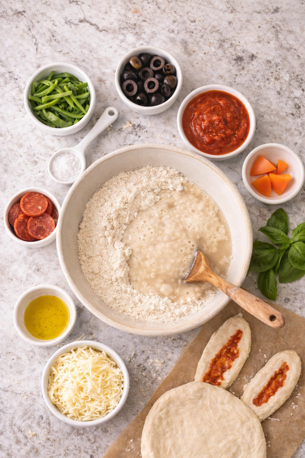 Bird's eye view of ingredients for Healthy Sourdough Easter Bunny Pizza arranged on a marble countertop, including sourdough starter, flour, olive oil, mozzarella, pizza sauce, olives, and fresh vegetables ready to mix.