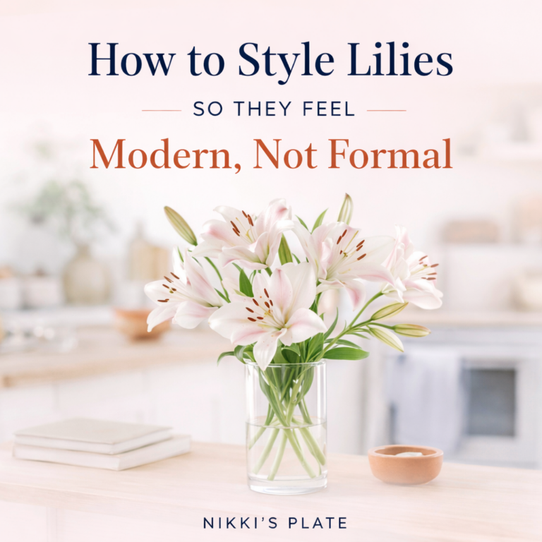 Learn how to style lilies so they feel modern and relaxed-not overly formal. Simple vase, placement, and styling tips to make lilies look effortless at home.