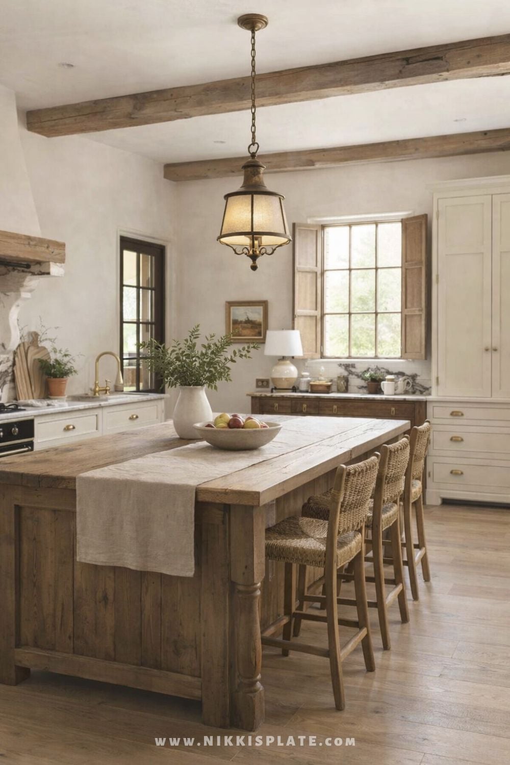 Vintage European pendant light hanging above a rustic wood kitchen island in a warm European farmhouse kitchen.