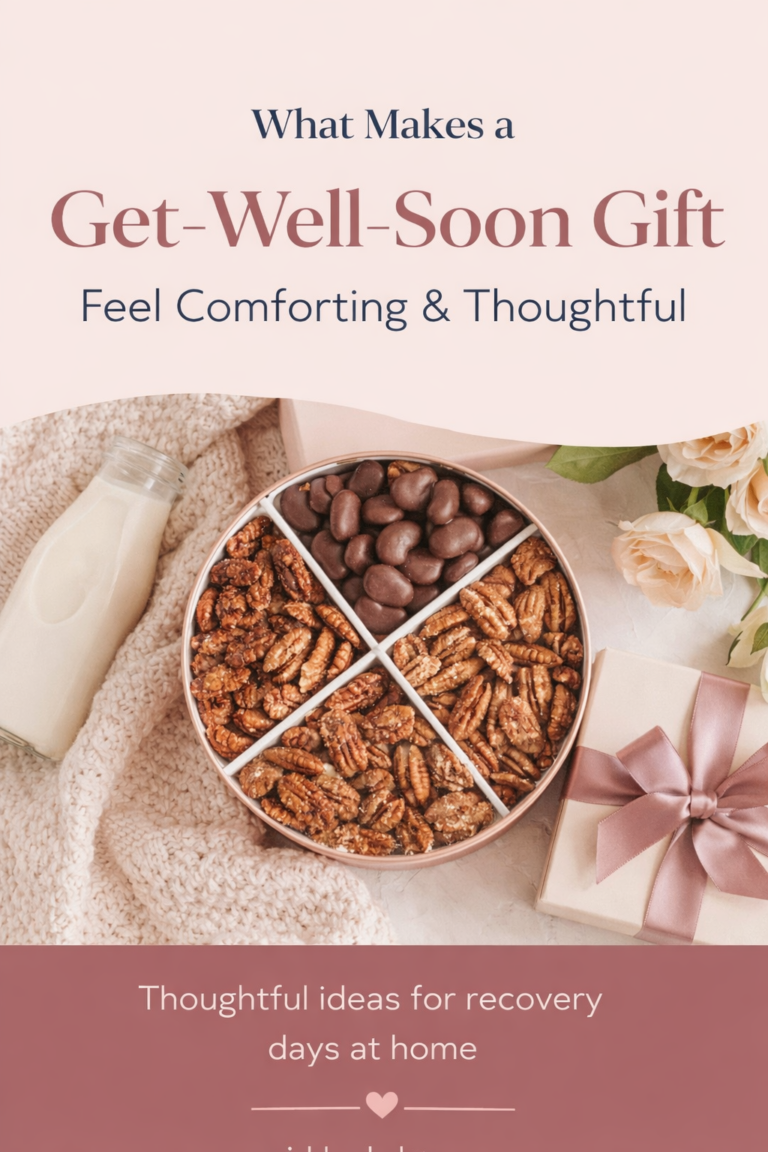 Looking for thoughtful get well soon gifts that truly make someone feel cared for? 💕 This cozy and comforting gift idea-featuring gourmet pecan treats, soft textures, and sweet touches-is perfect for brightening recovery days at home. From nourishing snacks to beautifully packaged treats, discover simple ways to lift someone's spirits and show love during difficult moments. Save this for your next care package idea!