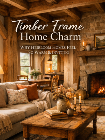 Cozy timber frame living room with exposed wooden beams, stone fireplace, vintage decor, and warm grandmacore-inspired styling