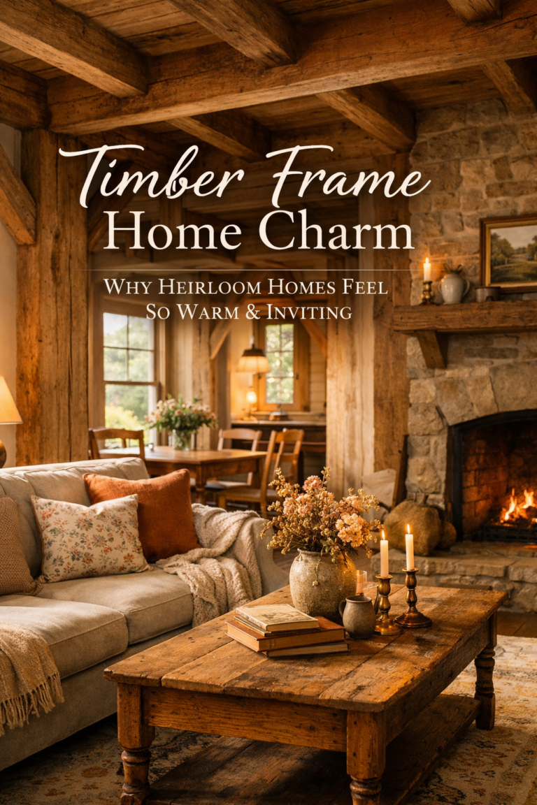 Cozy timber frame living room with exposed wooden beams, stone fireplace, vintage decor, and warm grandmacore-inspired styling