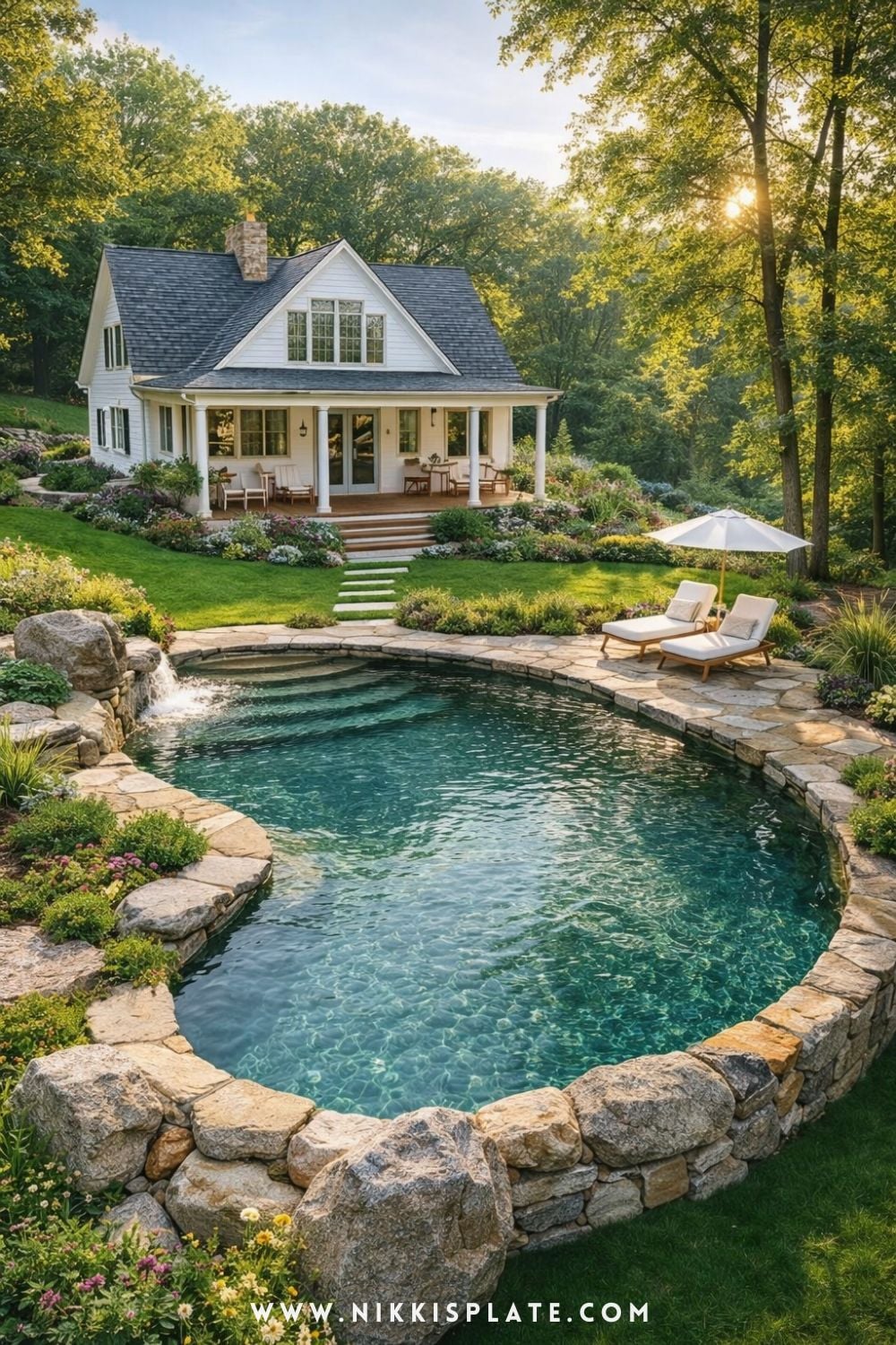 farmhouse style natural swimming pool with stone edges, white cottage home, and lush garden landscaping