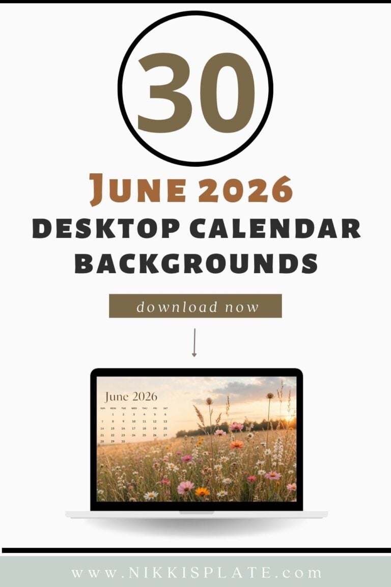 30 free June 2026 desktop calendar backgrounds download graphic featuring a laptop mockup with a June 2026 wildflower desktop calendar wallpaper, bold text that says