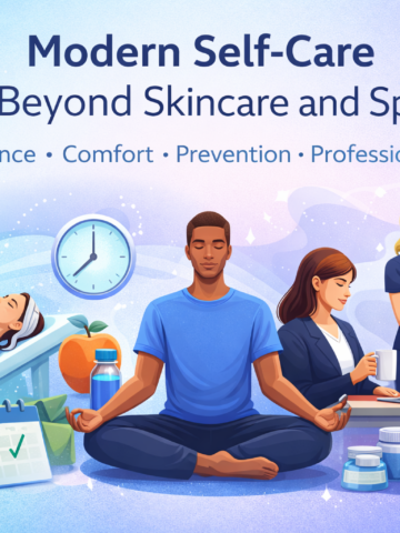 Modern self-care illustration featuring meditation, skincare treatment, physical therapy, and daily wellness habits like hydration and nutrition, highlighting a holistic approach to confidence, comfort, and preventive care.