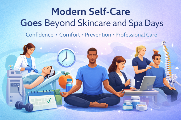 Modern self-care illustration featuring meditation, skincare treatment, physical therapy, and daily wellness habits like hydration and nutrition, highlighting a holistic approach to confidence, comfort, and preventive care.