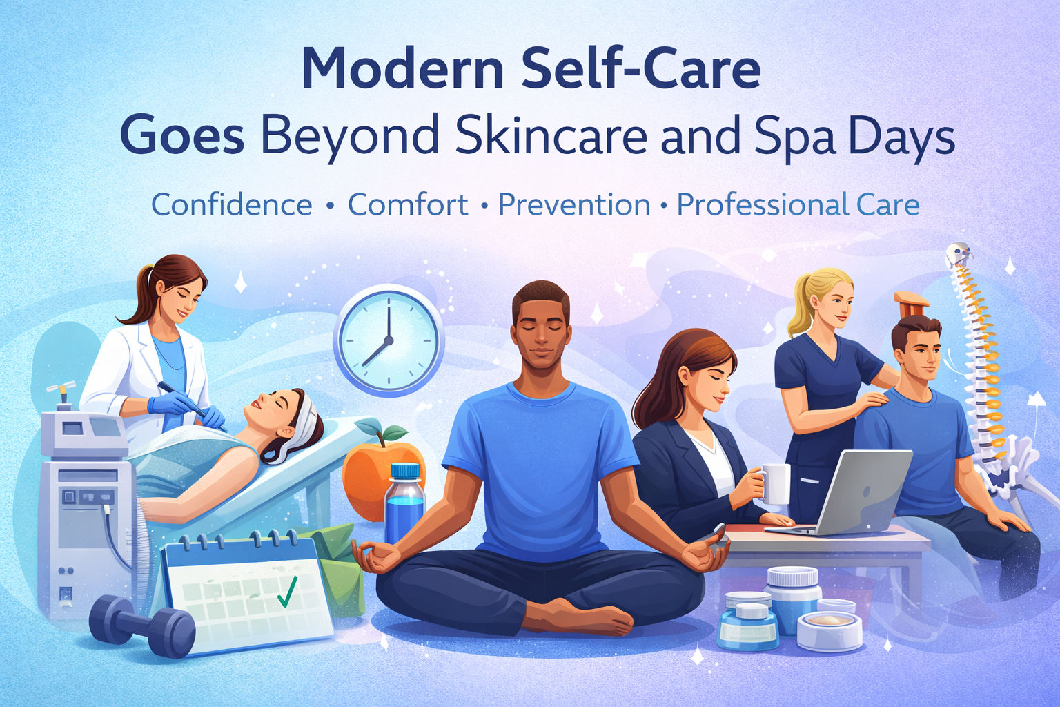 Modern self-care illustration featuring meditation, skincare treatment, physical therapy, and daily wellness habits like hydration and nutrition, highlighting a holistic approach to confidence, comfort, and preventive care.