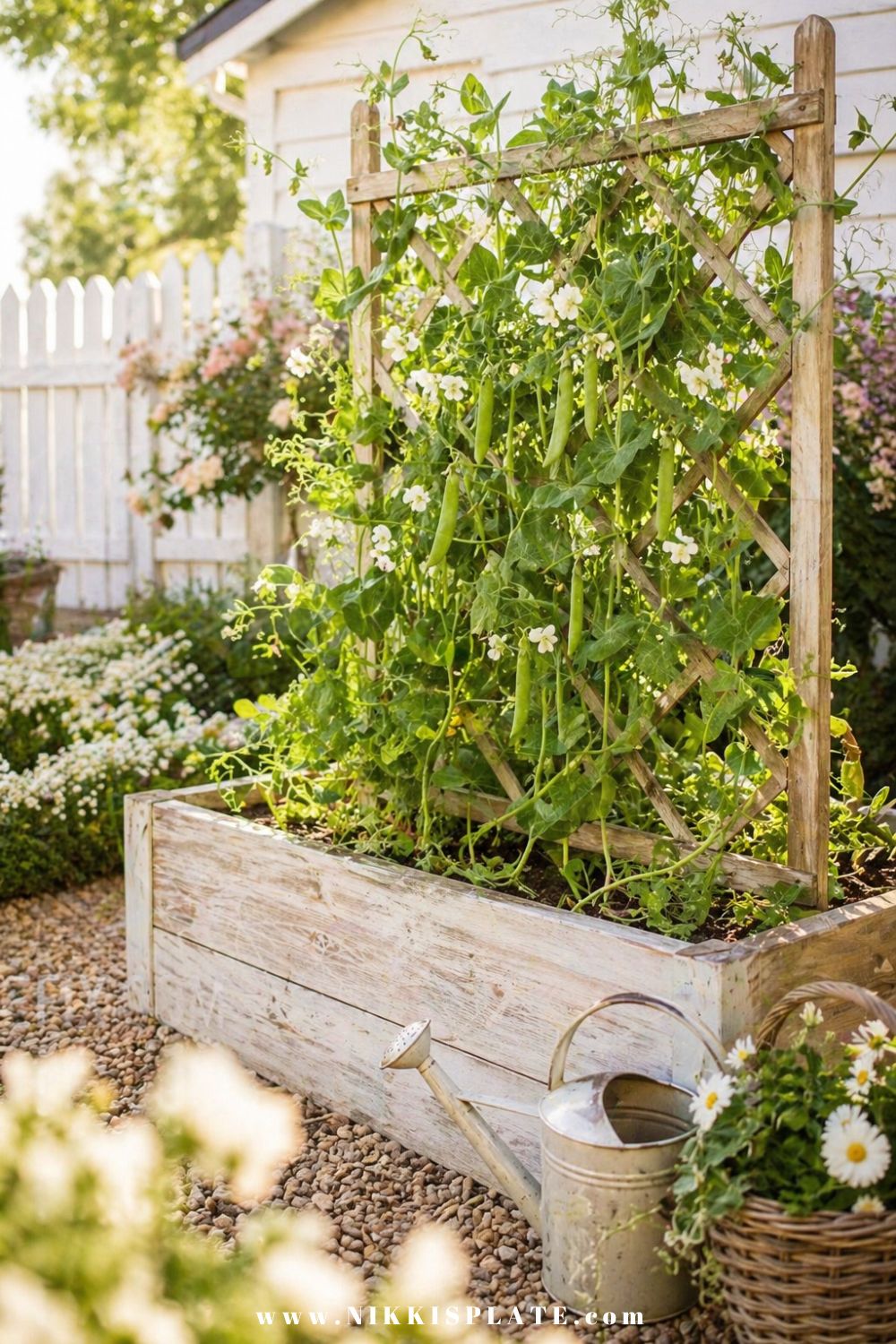 Raised garden bed with pea trellis, climbing pea vines, white flowers, warm wood planter, gravel path, watering can, and soft cottage garden details.