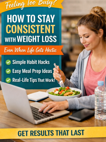 woman eating a healthy salad while working on a laptop with text overlay about staying consistent with weight loss during a busy lifestyle