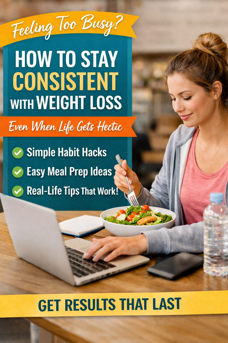 woman eating a healthy salad while working on a laptop with text overlay about staying consistent with weight loss during a busy lifestyle