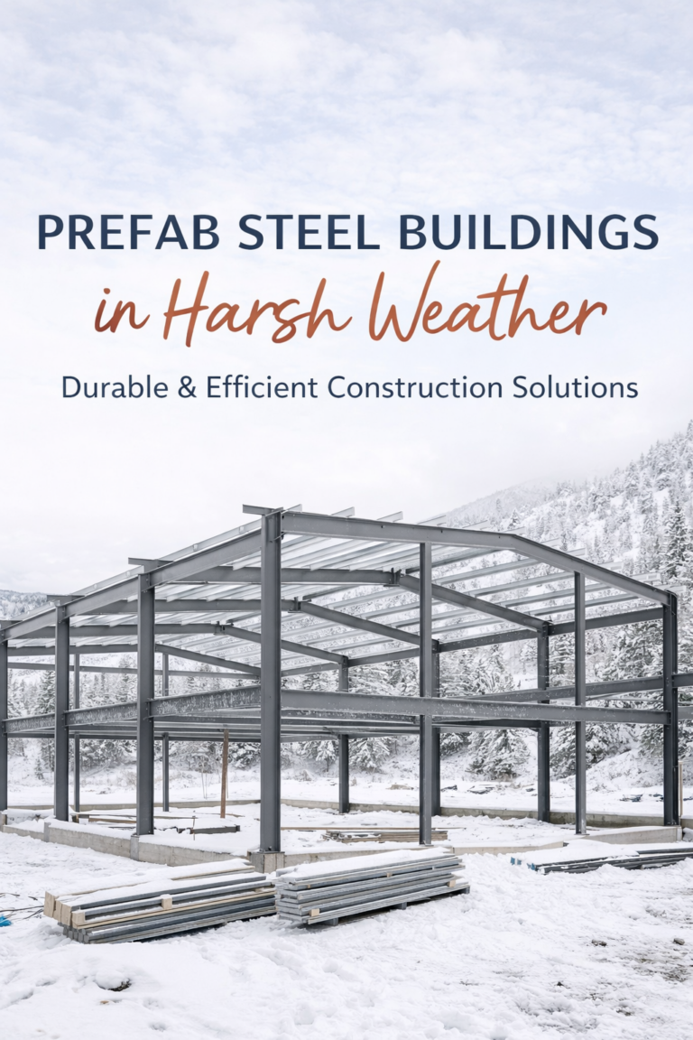 Prefab steel building frame under construction in a snowy mountain landscape, showcasing durable steel structure designed for harsh weather conditions with clean, modern text overlay.