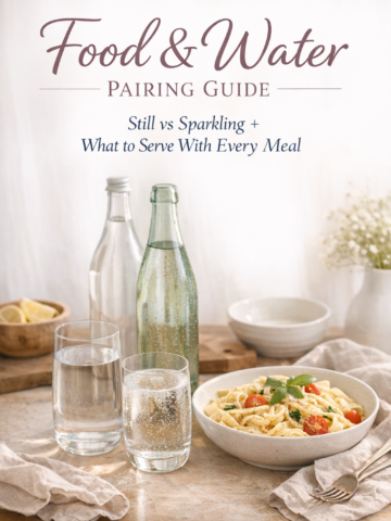Soft, feminine Pinterest pin featuring a styled table with still and sparkling water in glass bottles, a light pasta dish, linen napkins, and warm neutral tones, with text overlay reading “Food & Water Pairing Guide” and “Still vs Sparkling + What to Serve With Every Meal.”