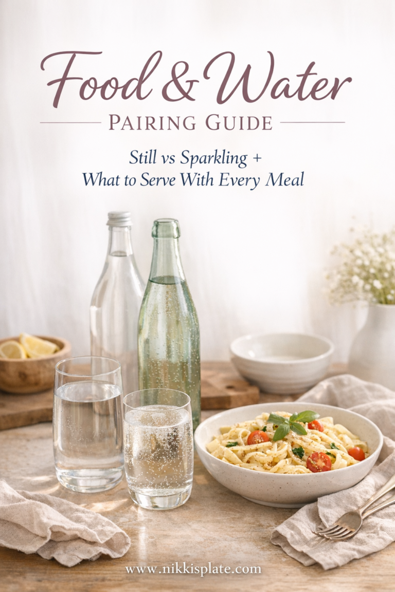 Soft, feminine Pinterest pin featuring a styled table with still and sparkling water in glass bottles, a light pasta dish, linen napkins, and warm neutral tones, with text overlay reading