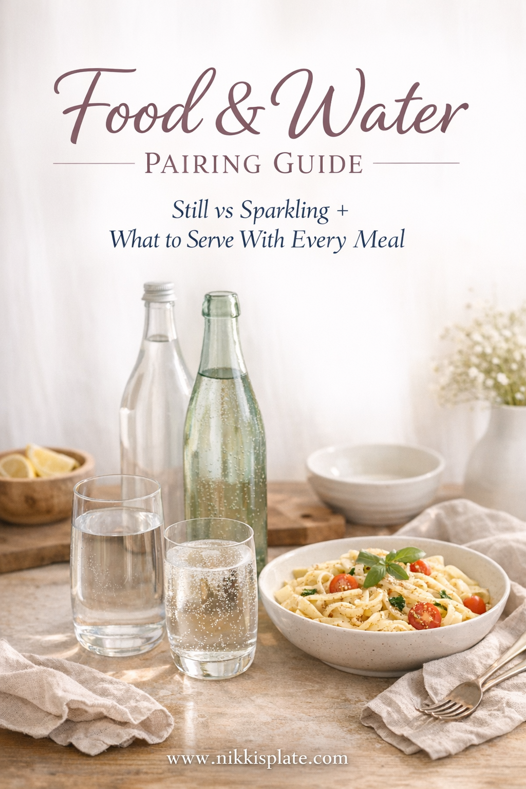 Soft, feminine Pinterest pin featuring a styled table with still and sparkling water in glass bottles, a light pasta dish, linen napkins, and warm neutral tones, with text overlay reading