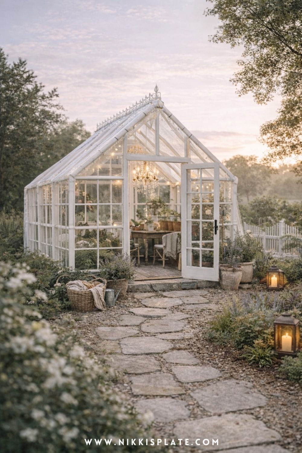 Aesthetic Instagram greenhouse with soft lighting, neutral tones, and cozy farmhouse garden styling