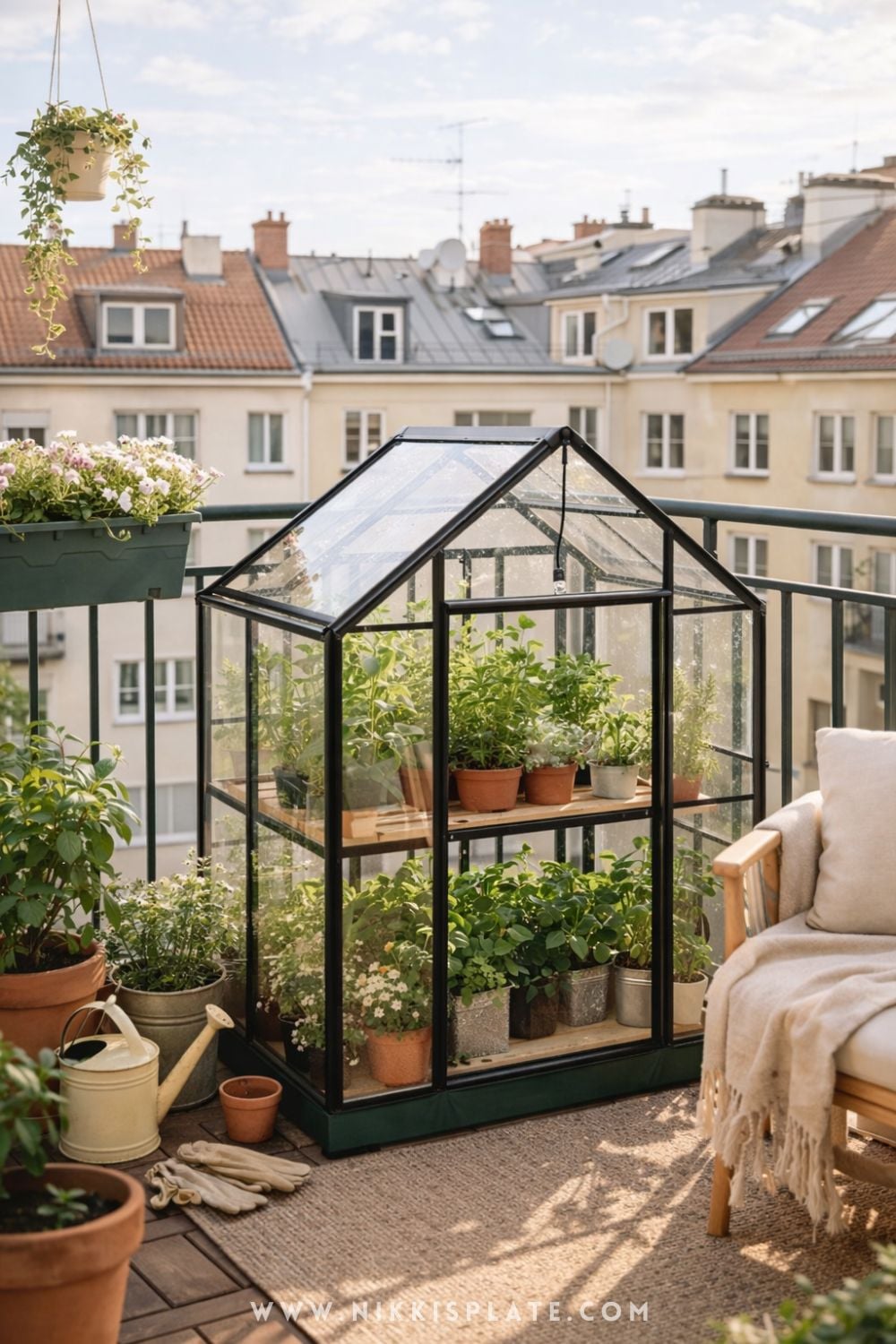 balcony greenhouse setup with small glass greenhouse and potted plants in a cozy outdoor space