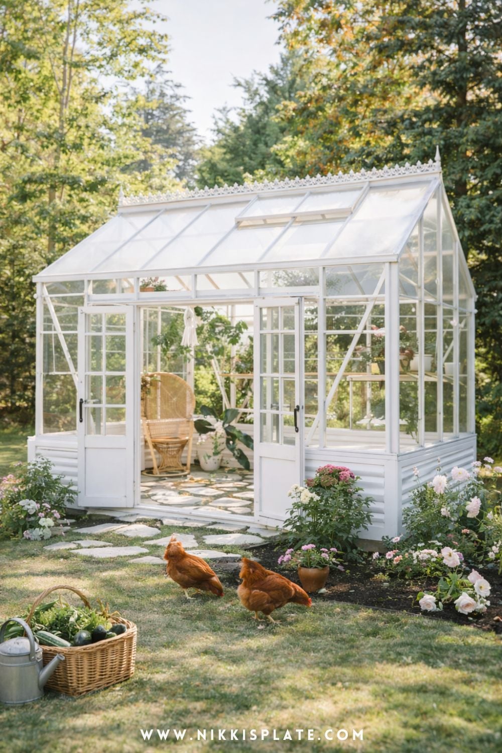 cute white greenhouse in a cottage garden with flowers, open doors, wicker chair, and cozy backyard setting