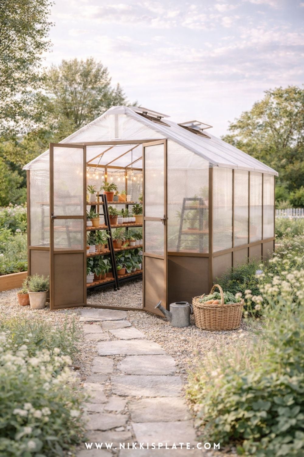 budget-friendly plastic greenhouse in a backyard garden with soft lighting, potted plants, and a simple stone pathi