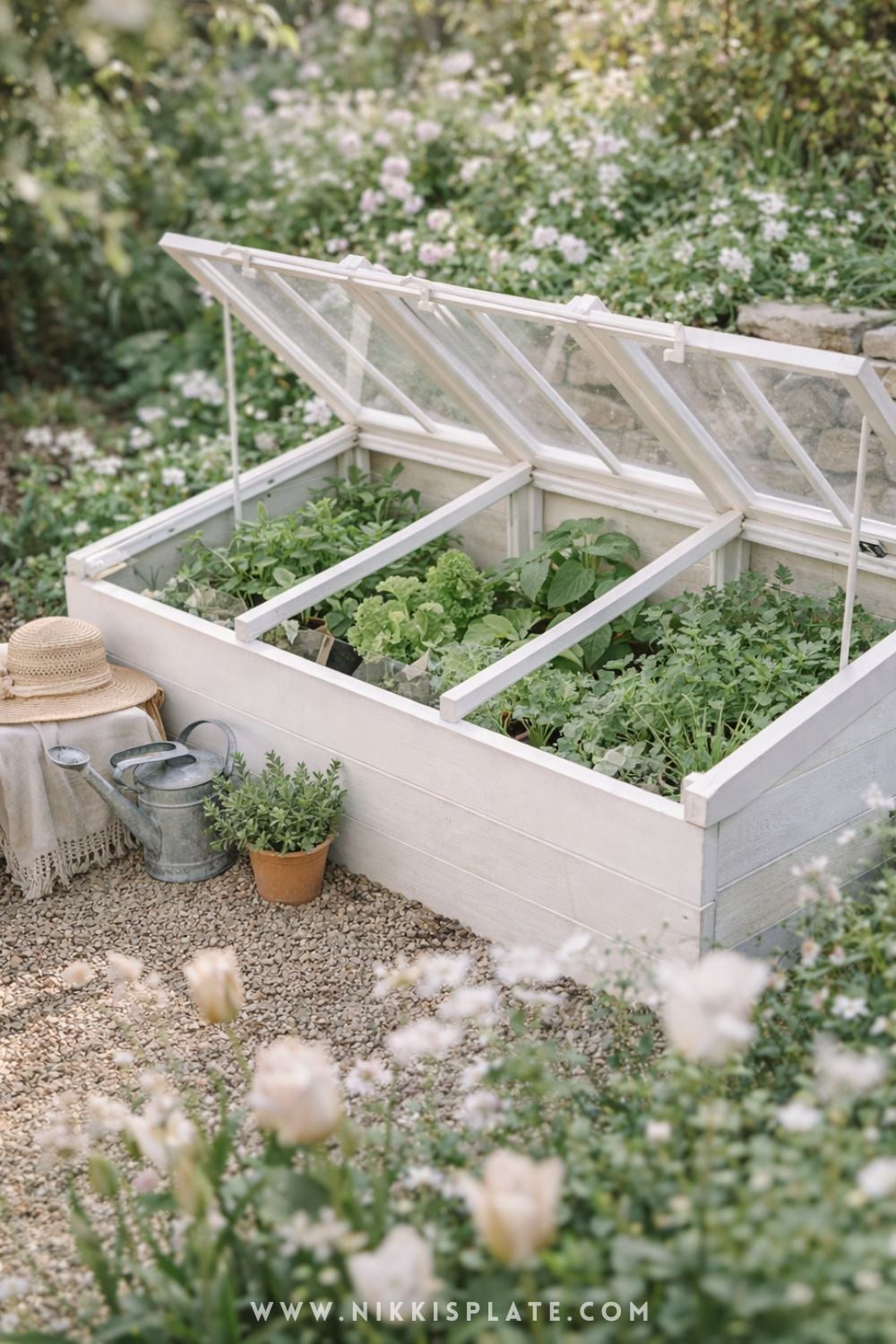cold frame greenhouse with white wooden frame and leafy greens in a cozy garden
