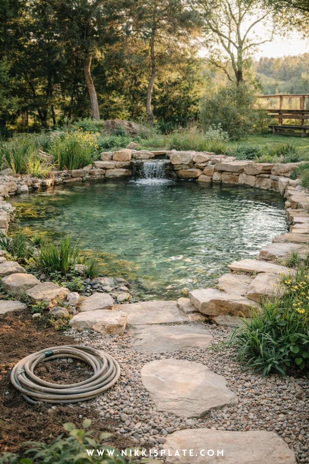 DIY natural swimming pool with rustic stone edges, gravel path, and simple backyard landscaping in a cozy outdoor setting