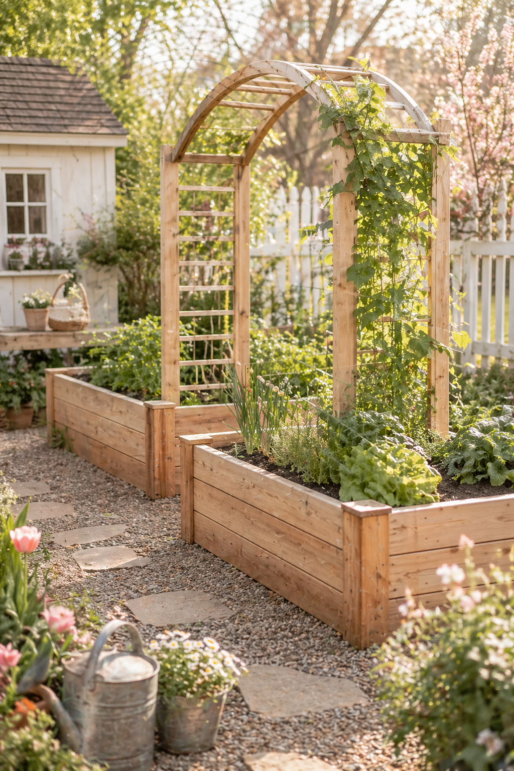 DIY raised garden bed with trellis made from natural wood, filled with leafy greens, herbs, and climbing vines in a bright cottage-style backyard garden.
