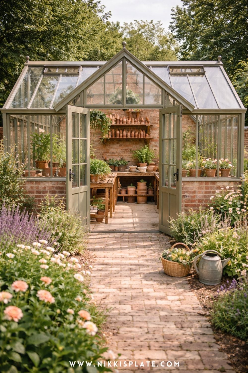 airy farmhouse greenhouse with sage green doors and brick pathway surrounded by soft garden flowers and natural landscaping