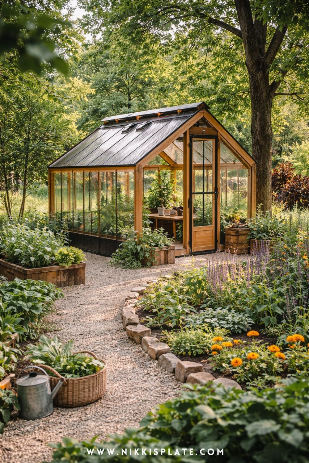 Charming farmhouse-style greenhouse surrounded by a lush backyard garden with gravel path, raised beds, and soft natural sunlight