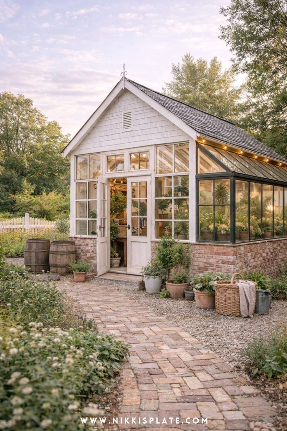 Farmhouse style greenhouse with white siding, glass panels, and a cozy garden pathway