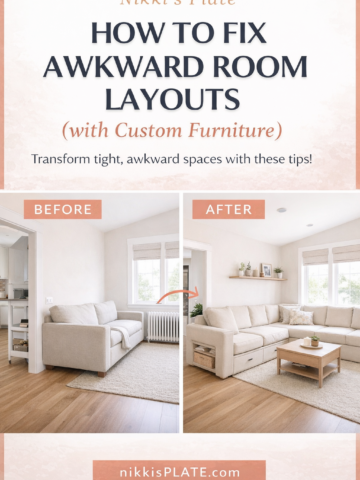 before and after awkward room layout transformed with custom furniture for better flow and space