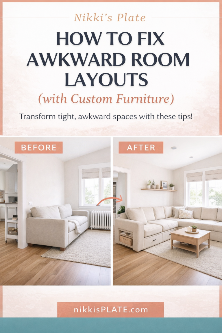 before and after awkward room layout transformed with custom furniture for better flow and space