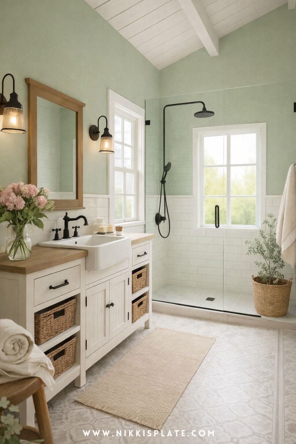 Green modern farmhouse bathroom with sage painted walls, white vanity, wood accents, and soft natural lighting