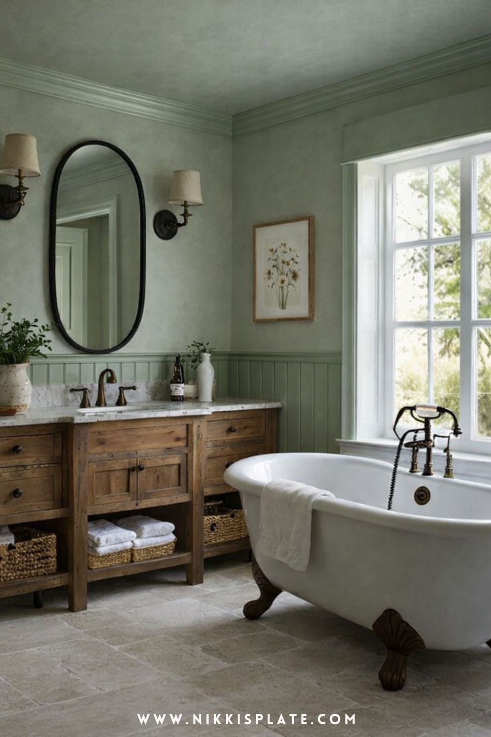 Green shiplap bathroom with limestone tile flooring, black oval mirror, wood vanity, and clawfoot tub in a cozy farmhouse design
