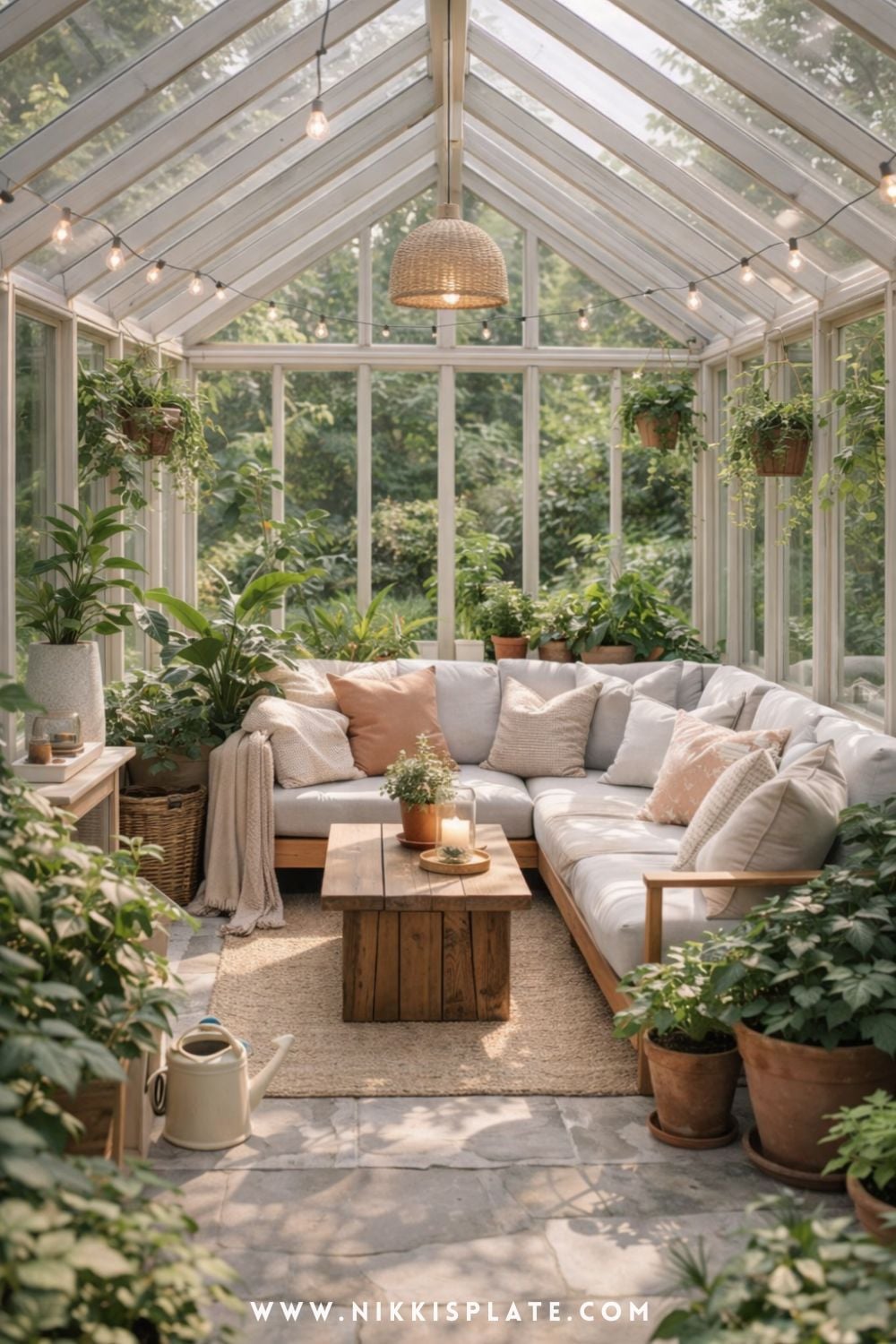 greenhouse with seating area featuring a cozy sofa, warm wood tones, soft lighting, and lush plants