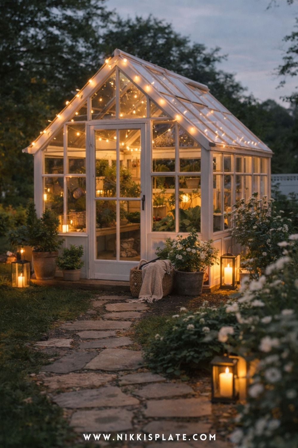 greenhouse with string lights glowing warmly at dusk surrounded by plants and a cozy garden setting