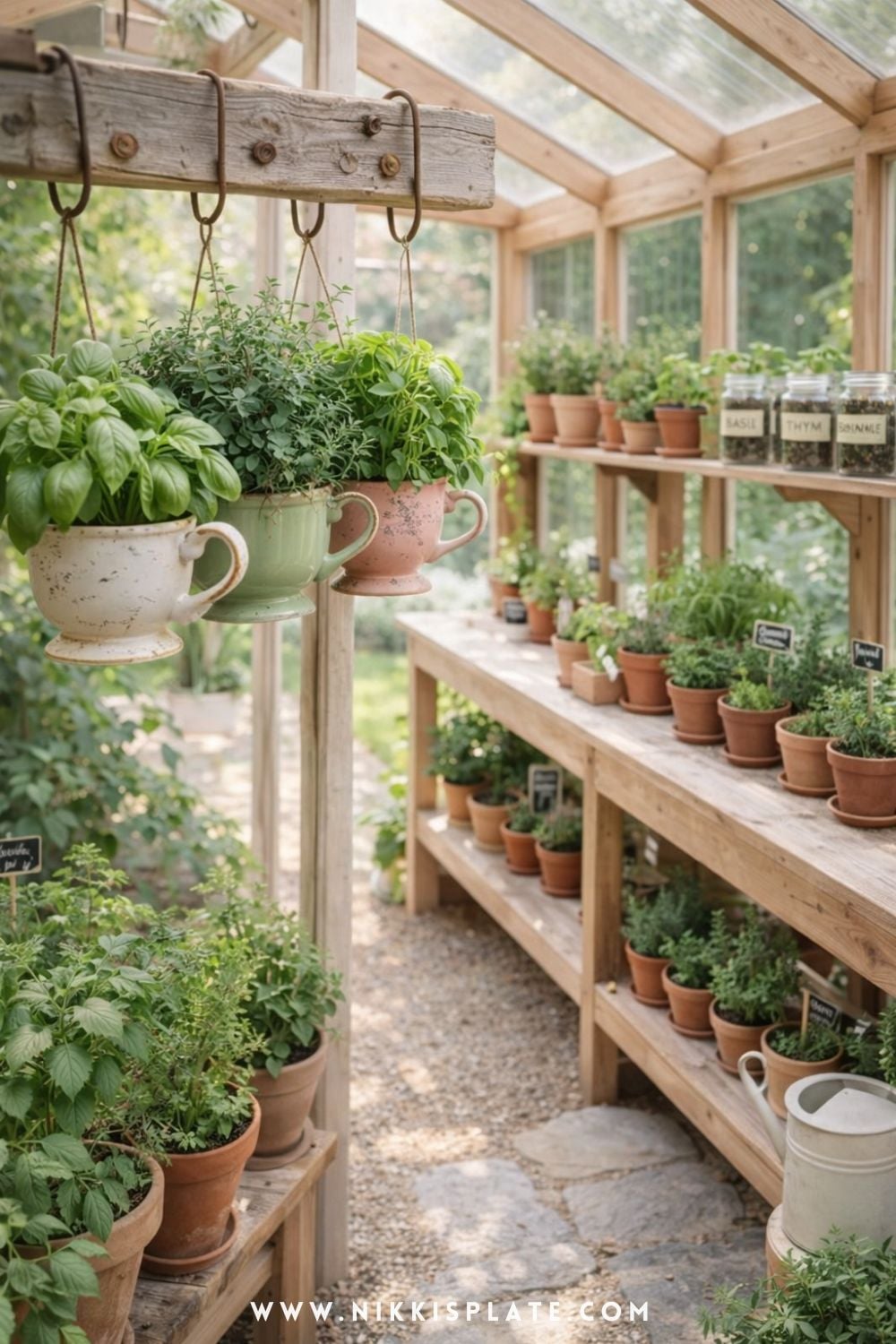 Bright farmhouse-style herb-focused greenhouse with hanging teacup planters, wooden shelves, and fresh potted herbs in soft natural light